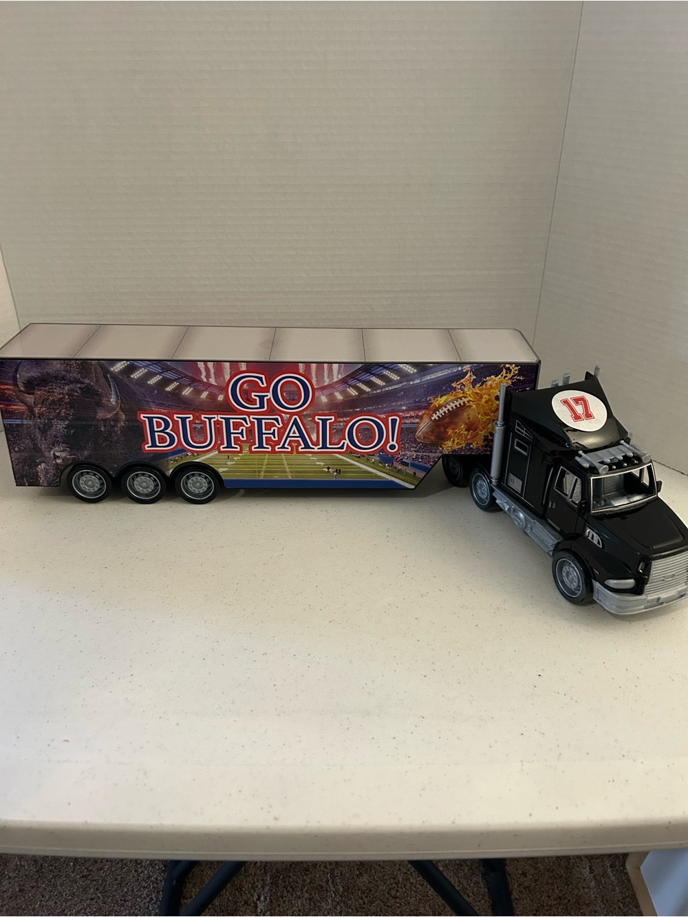 GO BUFFALO! Black Semi Truck Toy with Themed Trailer. Plastic 1:32 scale New